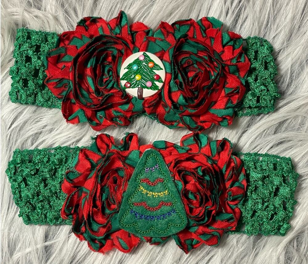Baby Toddler Flower  Headbands Christmas Tree- Set of 2 green red handmade